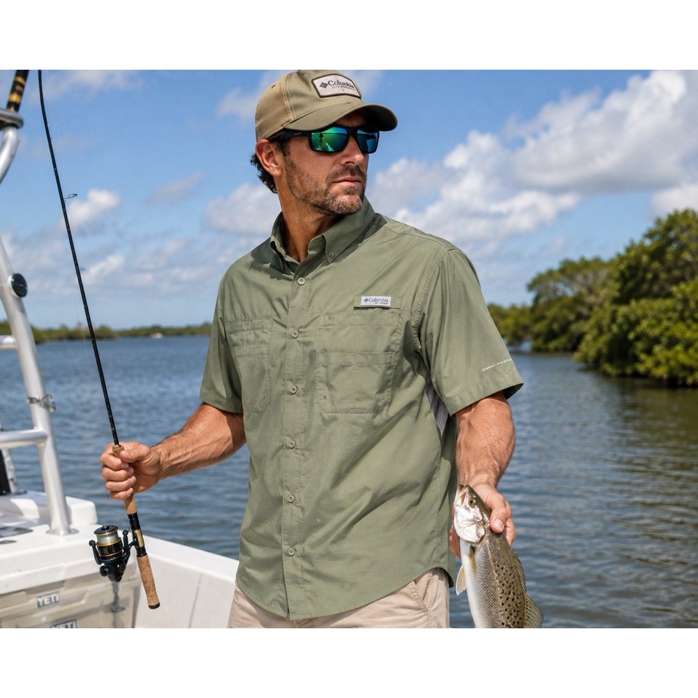 Columbia PFG Tamiami Men's XLT Green Fishing Shirt Omni-Shade Short Sleeve